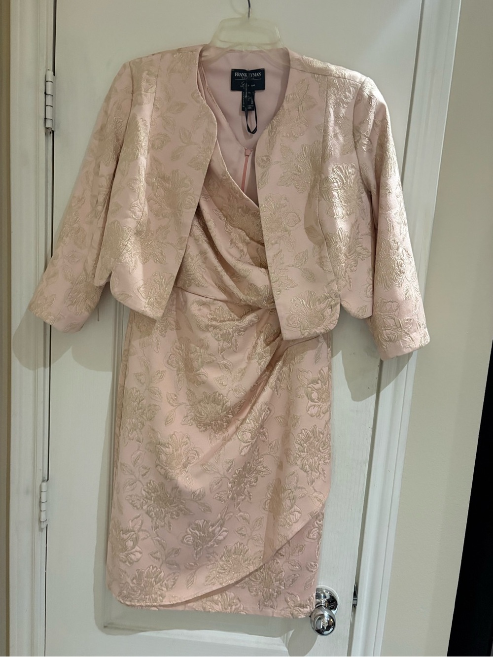 Frank Lyman Blush Pink Dress & Jacket Set with Gold Floral Jacquard